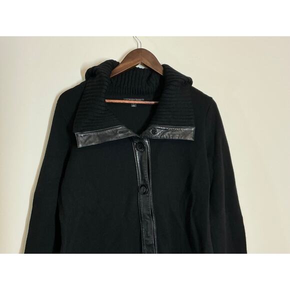 Classiques Entier L Black 100% Merino Wool Real Leather Cardigan Sweater - Picture 3 of 5